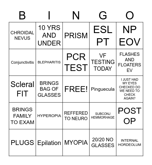 Ophthalmology Bingo Card