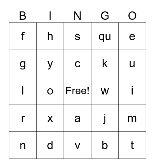 Alphabet sounds Bingo Card