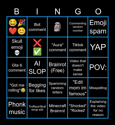 Youtube Shorts Comments Bingo Card