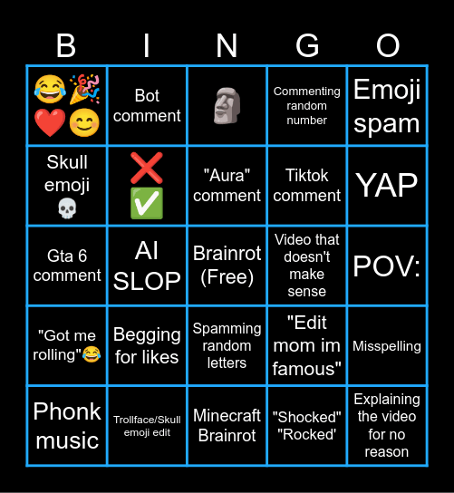 Youtube Shorts Comments Bingo Card