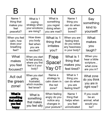 Zones of Regulation Bingo Card
