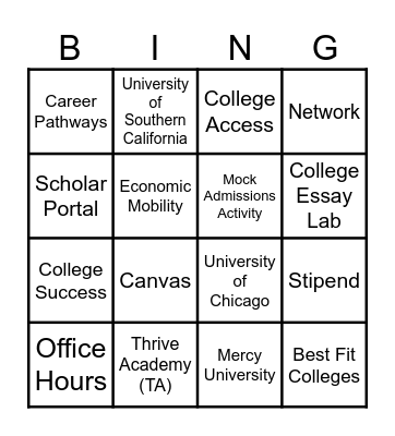 Thrive Scholars Terminology - TA Bingo Card