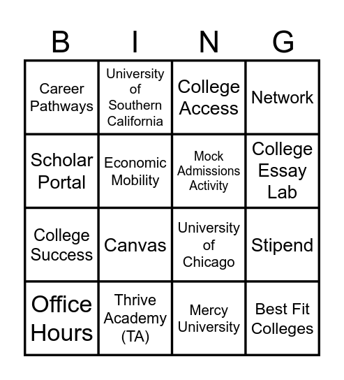 Thrive Scholars Terminology - TA Bingo Card