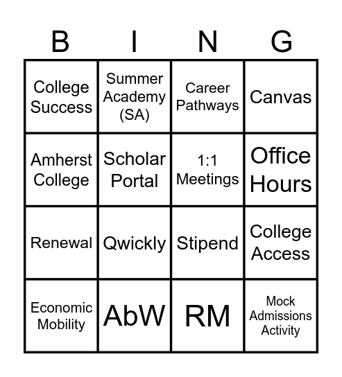 Thrive Scholars Terminology - 6 Year Program Bingo Card