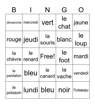 animaux/couleurs/jours de la semaine Bingo Card
