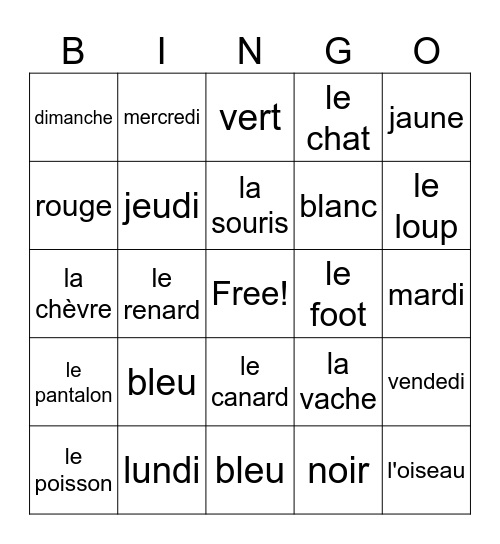 animaux/couleurs/jours de la semaine Bingo Card