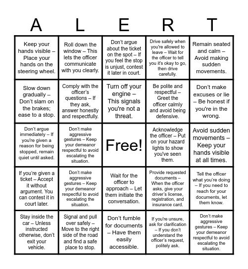 What to do when pulled over Bingo Card