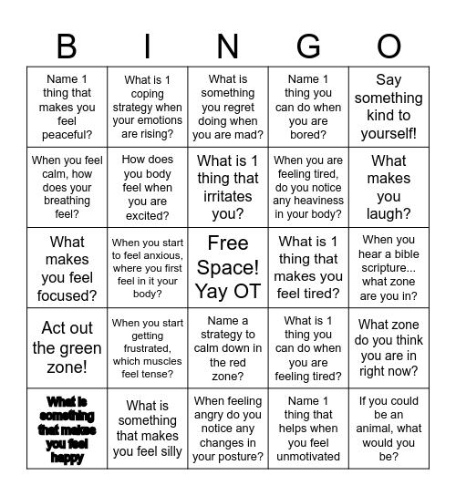Zones of Regulation Bingo Card