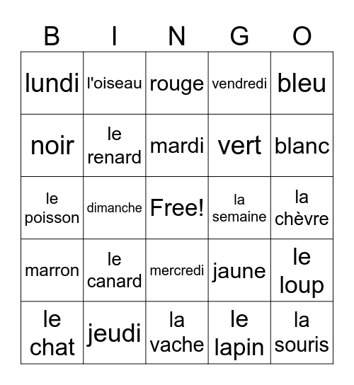 les animaux/ les couleurs / la semaine Bingo Card