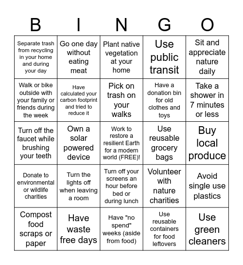 Earth Day Bingo Card