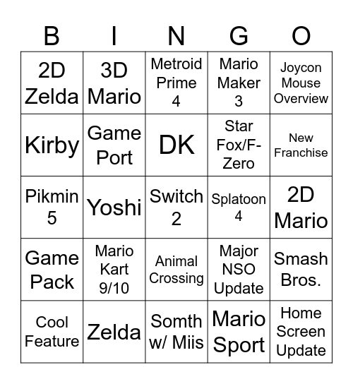 Nintendo Switch 2 Direct Bingo Card