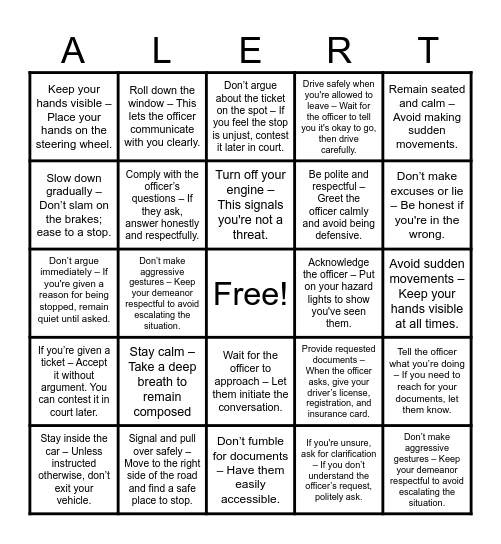 What to do when pulled over Bingo Card