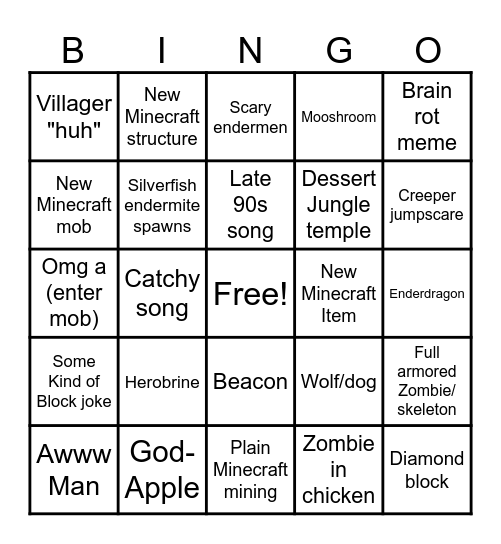 A Minecraft movie Bingo Card