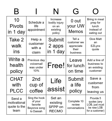 Client Care Bingo Card