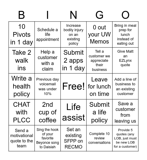 Client Care Bingo Card