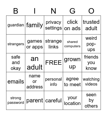 Internet Safety Bingo Card