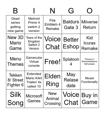 Switch 2 Direct Predictions Bingo Card