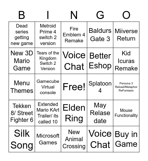 Switch 2 Direct Predictions Bingo Card