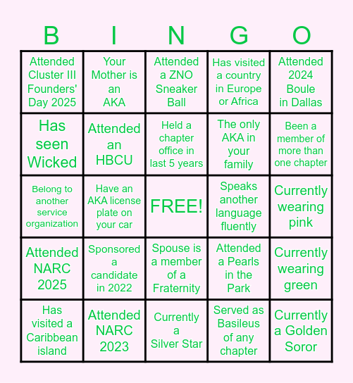 ALPHA KAPPA ALPHA SORORITY Bingo Card