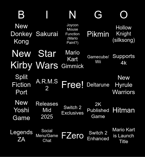 Switch 2 Predictions - Zavy Bingo Card