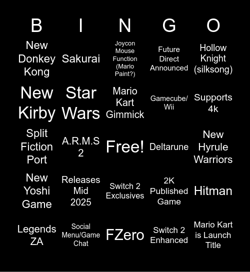 Switch 2 Predictions - Zavy Bingo Card