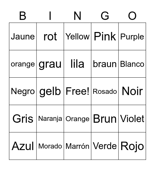 Colors in Different Languages Bingo Card