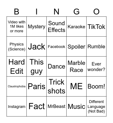 YouTube Shorts Bingo Card