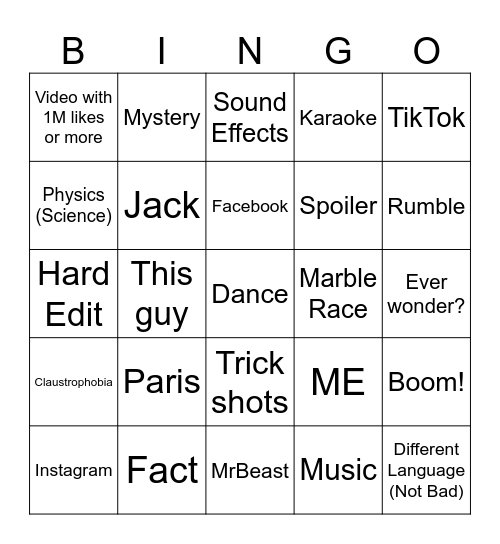 YouTube Shorts Bingo Card