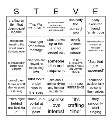 the Minecraft movie bingo Card