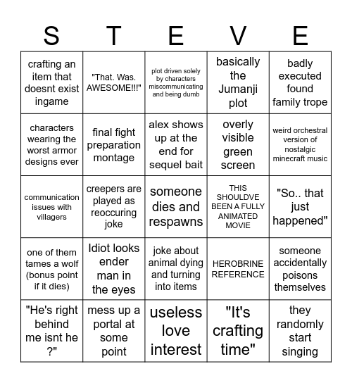 the Minecraft movie bingo Card