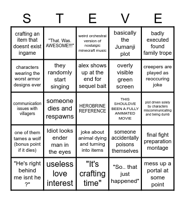 the Minecraft movie bingo Card