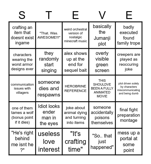 the Minecraft movie bingo Card