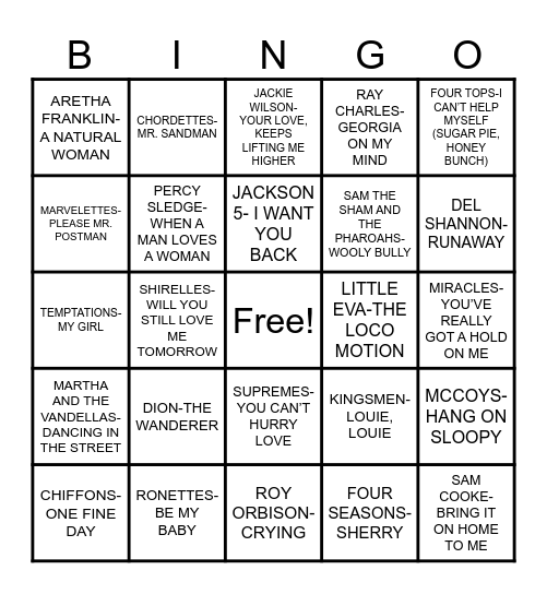 DOO WOP/MOTOWN/POP HITS FROM THE 60S Bingo Card