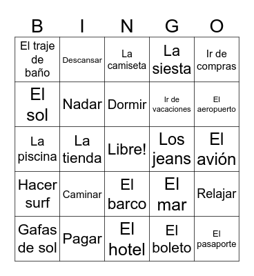 Spring Break Bingo Card