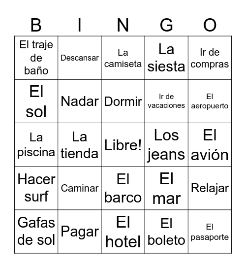 Spring Break Bingo Card