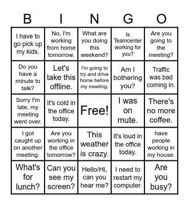Office Phrases Bingo Card