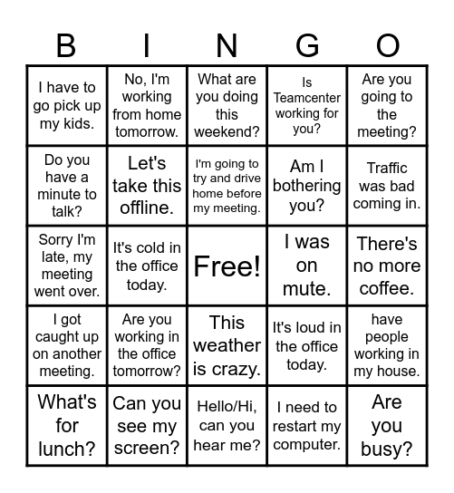 Office Phrases Bingo Card