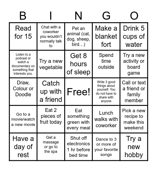 Employee Health and Wellness Month Bingo Card