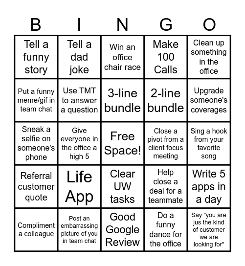 Sales Team Bingo Card