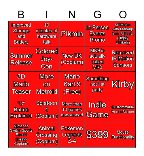 Switch 2 Predictions Bingo Card