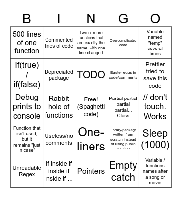 Reading others code Bingo Card