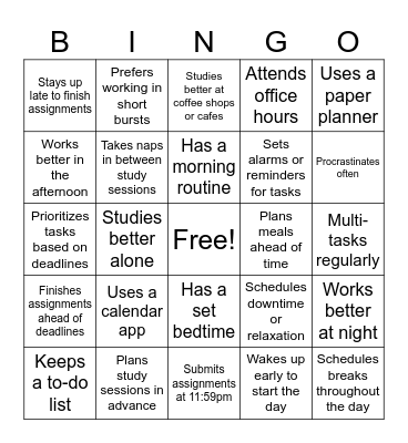 Time Management Bingo Card