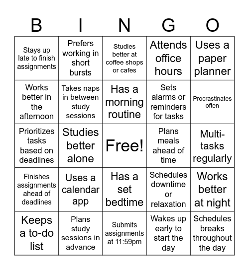 Time Management Bingo Card