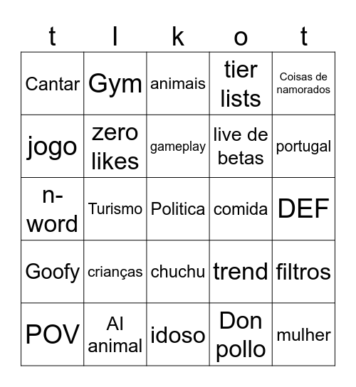 Tik tok Bingo Card