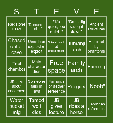 A Minecraft Movie Bingo Card