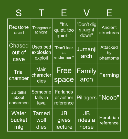 A Minecraft Movie Bingo Card