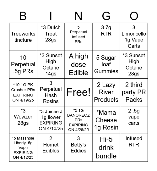 Budtender Bingo Card