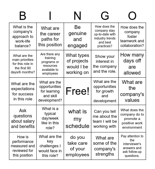Questions to ask an employer Bingo Card