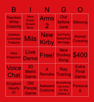 Nintendo Switch 2 Direct Bingo Card