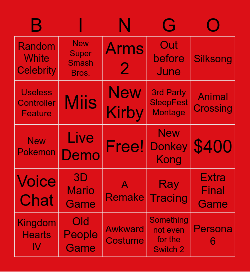 Nintendo Switch 2 Direct Bingo Card